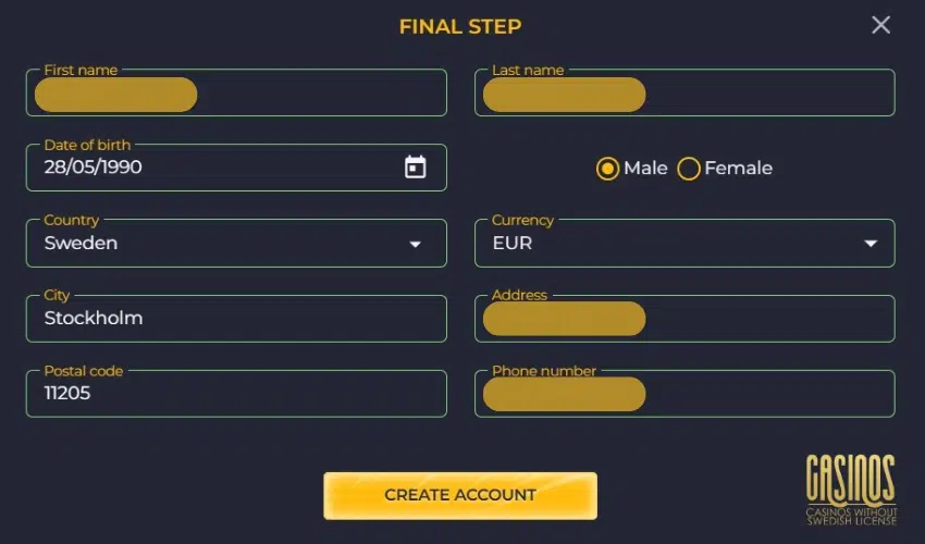 Rolling Slots Sign Up complete