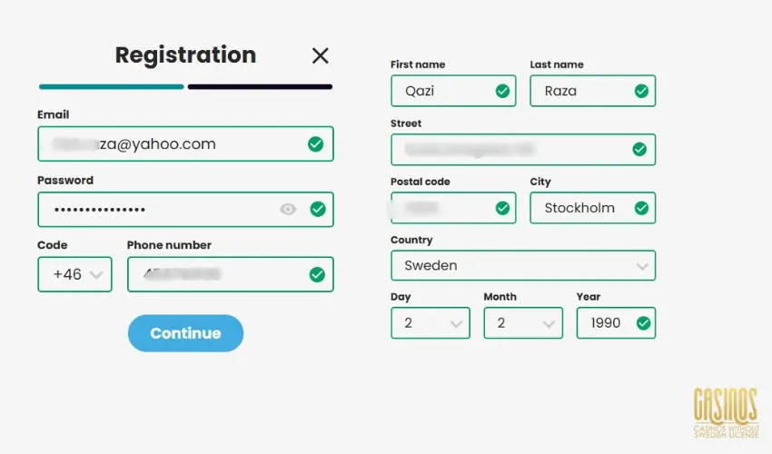 Screenshots of Sign up form at Paradise Play Casino