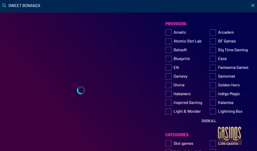 Screenshot of game search feature in Slots Hammer Casino