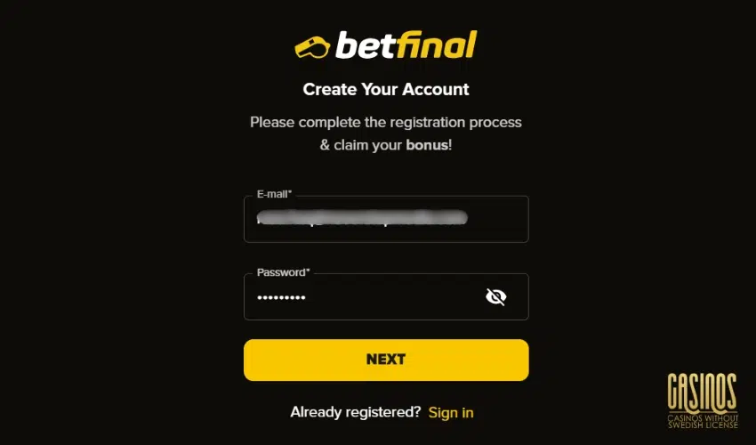 Betfinal Casino Registration steps