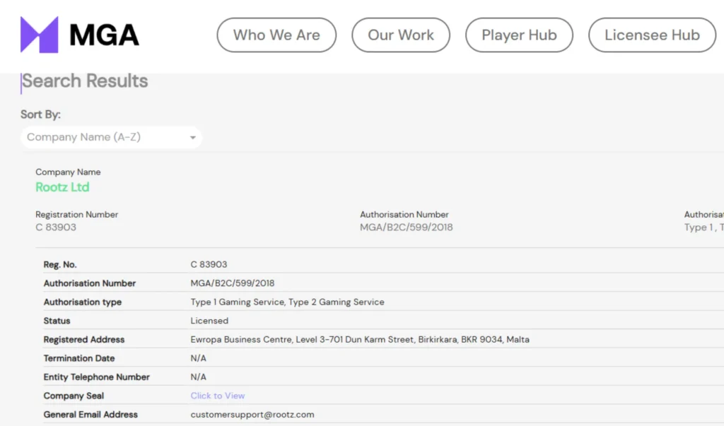 Screenshot of MGA License registry which shows Wheelz Casino has a proper license number and is registered with Rootz Company compared to Spinline casino