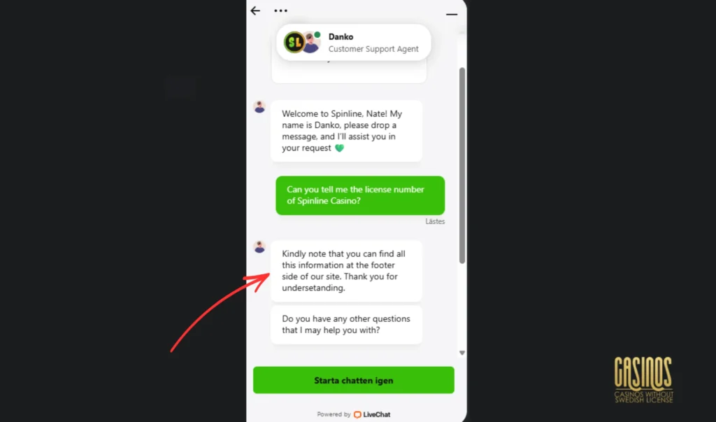 Screenshot of Spinline Casino customer support agent reply when asked about the license number
