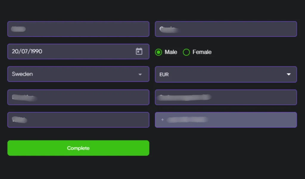 Spinline Casino registration form showing EUR currency auto-selected for Swedish players, mandatory Swedish personnummer field, and completed status with OS timestamp visible