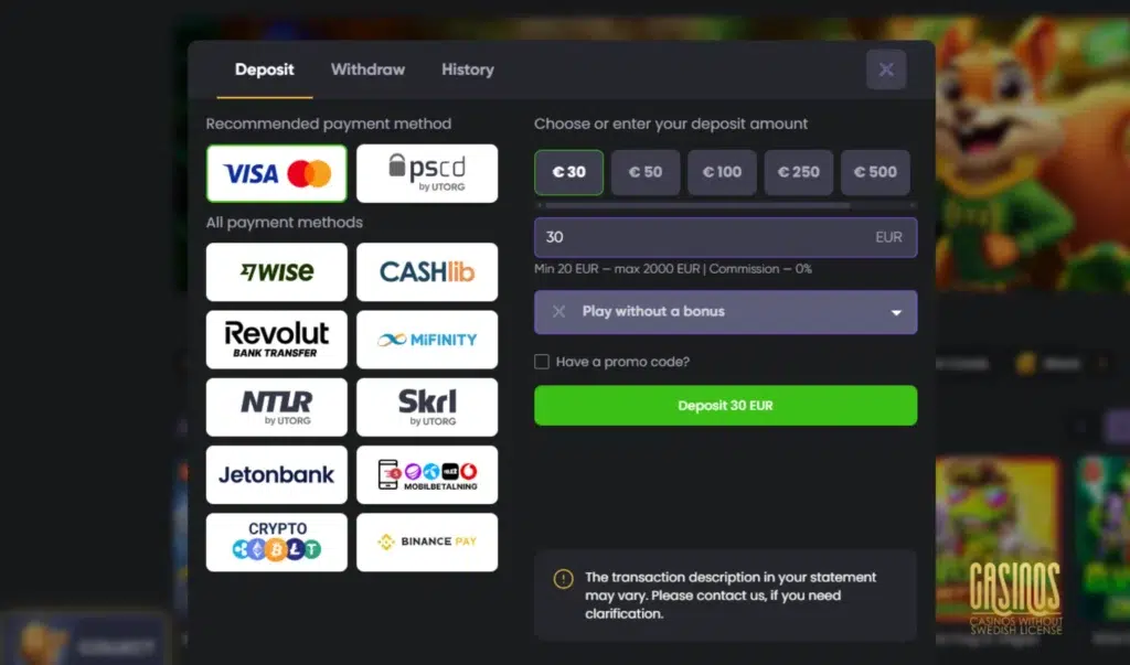 Spinline deposit page showing 30 EUR selected, multiple payment methods including crypto, and 0% commission claim with min/max limits visible
