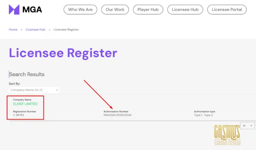 The screenshot shows the licensing details of Slot Mojo on MGA Official website