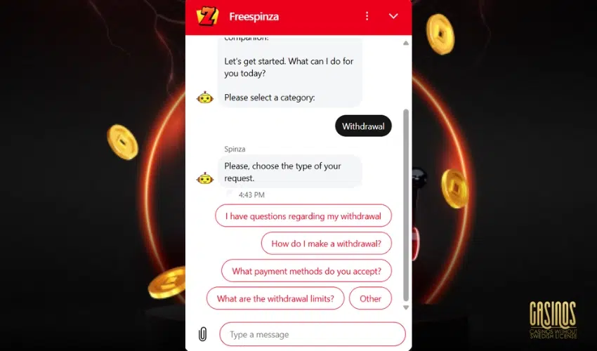 Testing the customer support and live chat at FreeSpinza Casino