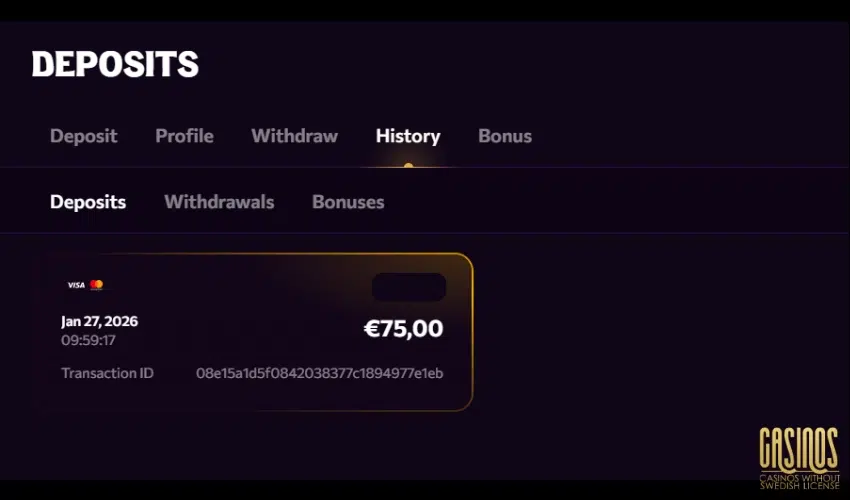 Deposit history at Chanze Casino