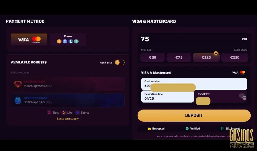 Screenshot showing my 75 euros deposit at Chanze Casino using Mastercard
