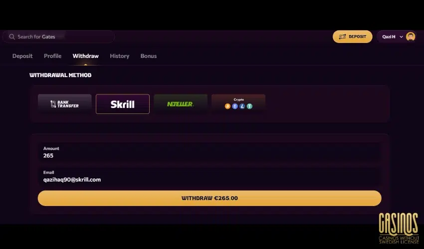 withdrawing 265 euros from Chanze Casino using Skrill