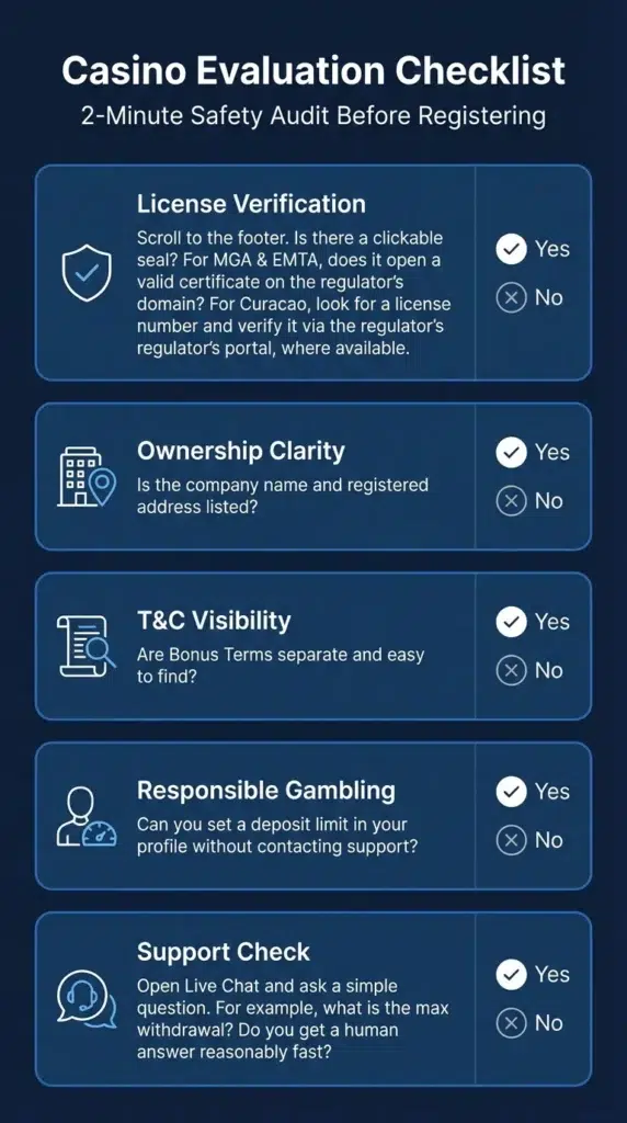 A 5-step safety checklist to evaluate online casinos, checking for license verification, clear terms, and responsible gambling tools.