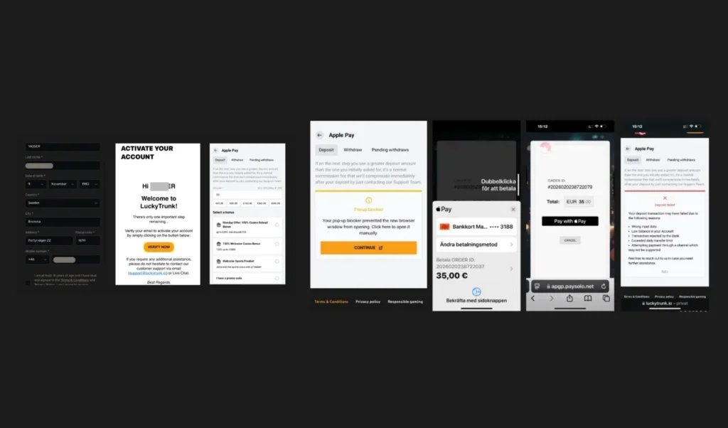 A screenshot showing a failed €35 Apple Pay casino deposit at Lucky Trunk because a Swedish bank blocked the transaction