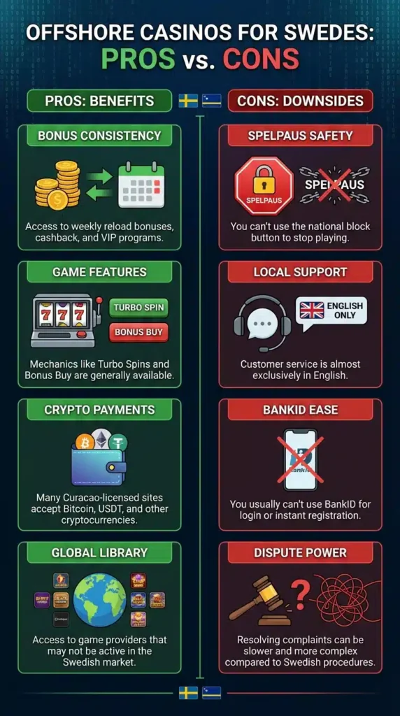 Infographic showing the pros and cons of offshore casinos for Swedish players, including bonus consistency and lack of Spelpaus