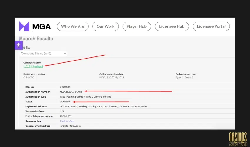 Owner and license status verified on MGA portal for Lucky Trunk Casino