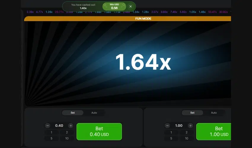 Online crash betting game screen showing a 1.64x multiplier with betting options below.