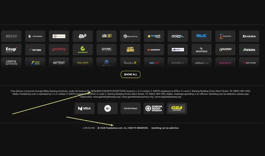 Website footer showing FreeSpinza licensing details, MGA and GambleAware logos, and responsible gambling notice.