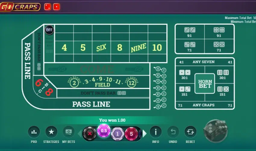 Online Go Craps table layout with betting areas, dice, and a message showing a win of 1.00.