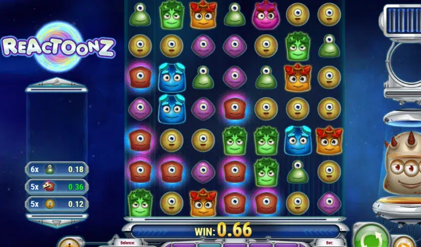 Reactoonz slot game screen with colorful alien symbols on the grid and a win amount of 0.66 displayed at the bottom.