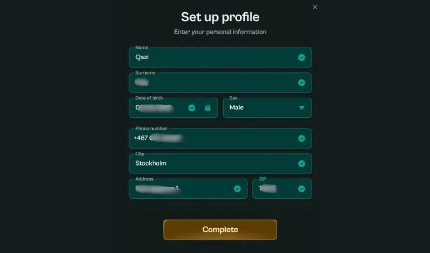 Registration form at Spinzen Casino
