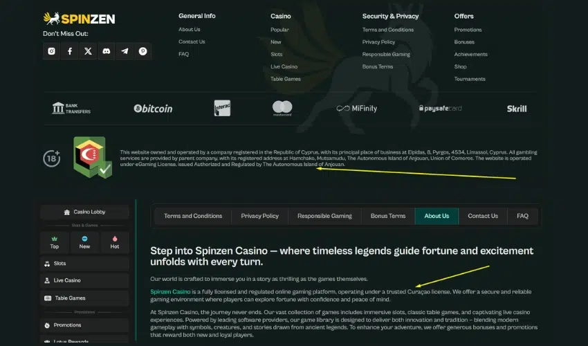 Screenshot shows the footer section and about us page of Spinzen casino