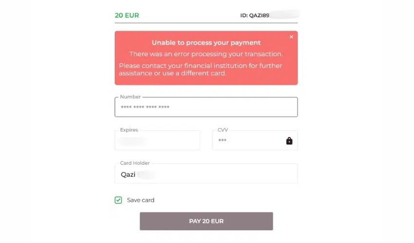 Transaction Failed via Visa at Spinzen